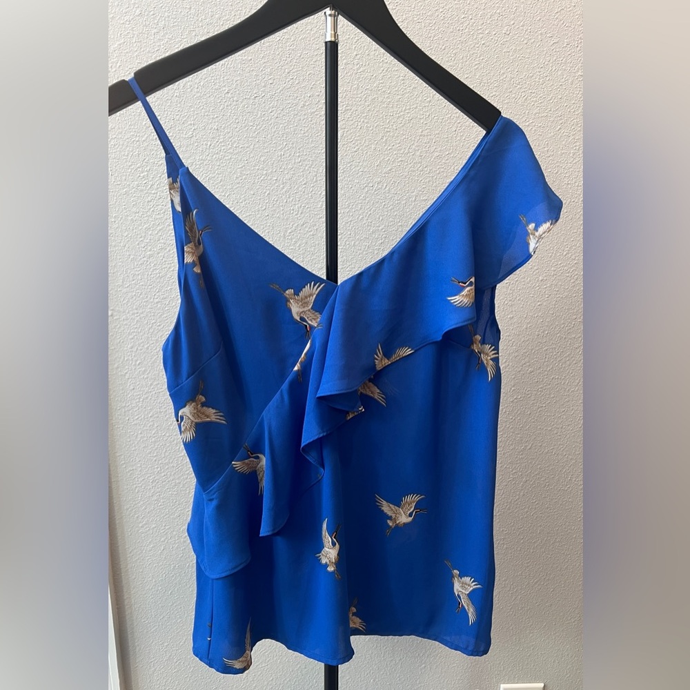 Belle+Sky One Shoulder with Ruffle detail Blue tank top with Crane Design Size M